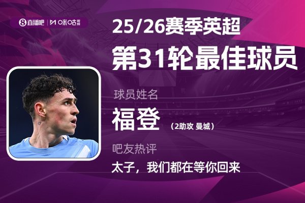 2026FIFA世界杯赛事官网入口 X咪咕体育|英超第31轮MVP：福登助攻双响，曼城太子回归了!